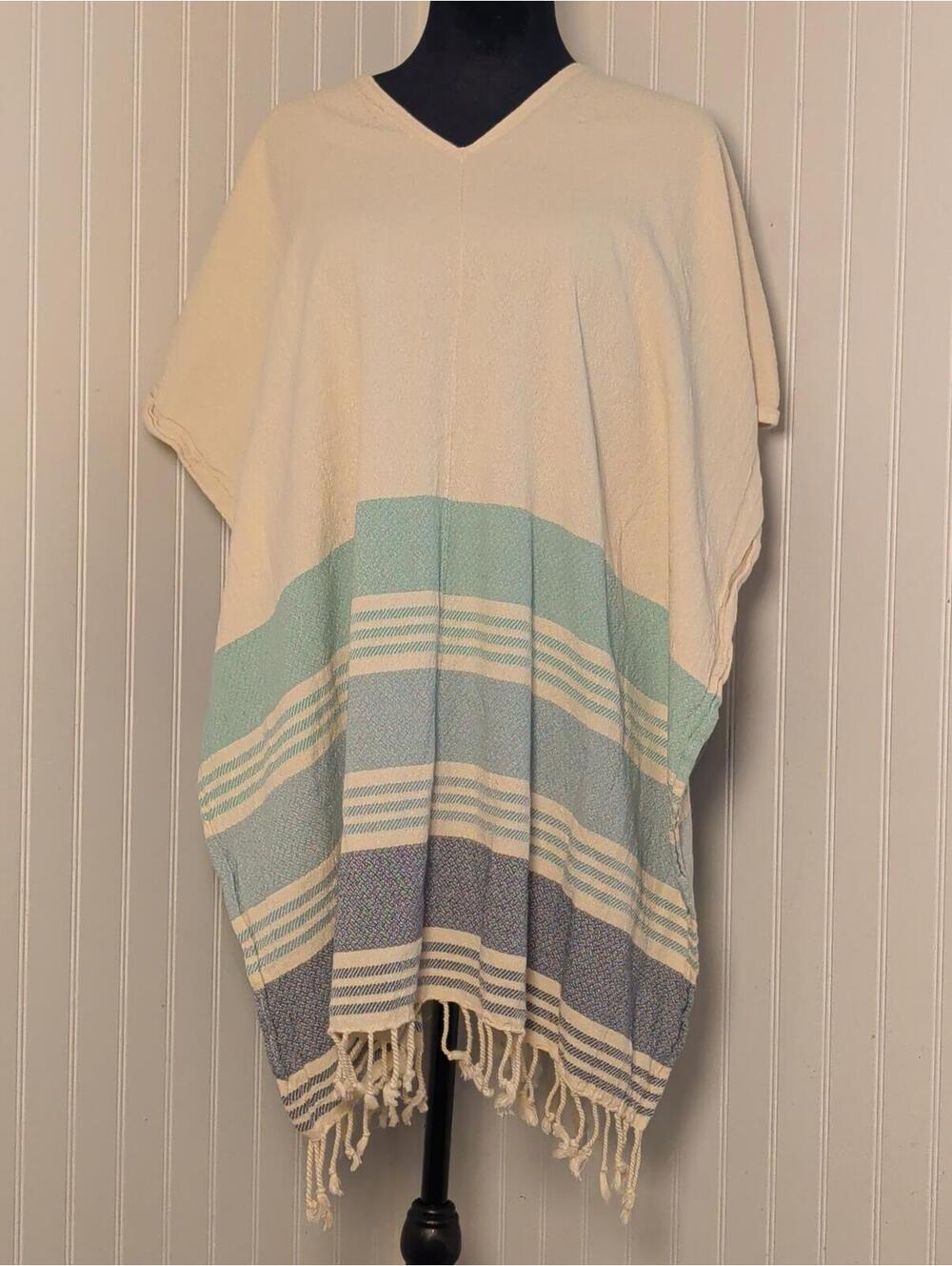 Handmade V-Neck Poncho with Striped Pattern and Fringe Detail Beach Drying